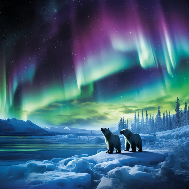 Majestic display of nature's beauty with polar bears and penguins beneath the arctic aurora