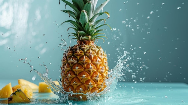The Majestic Dive A Vibrant Pineapple Plunges Into the Sparkling Abyss of a Refreshing Water Oasis