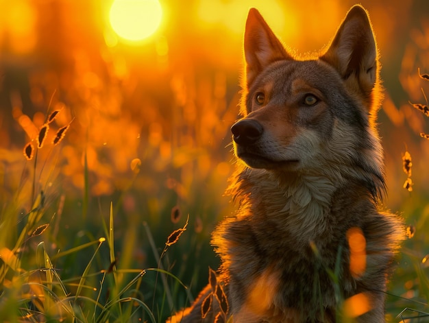 Majestic Dog Basking in Golden Sunlight Te midden van een veld bij zonsondergang Rustige dieren scène met warmte