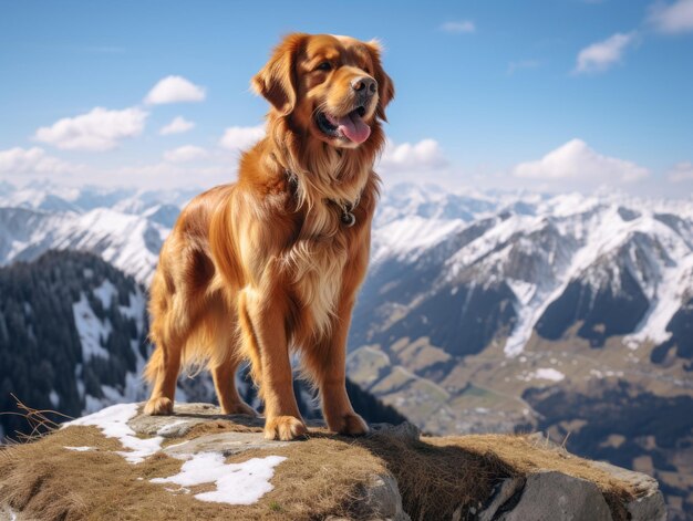 Foto cane maestoso in piedi orgoglioso su una vetta di montagna