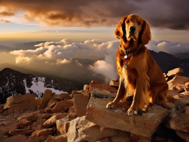 Foto cane maestoso in piedi orgoglioso su una vetta di montagna