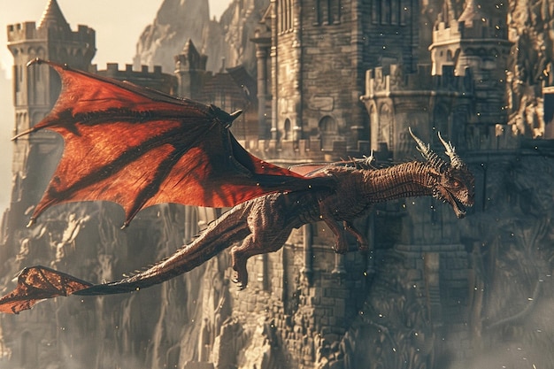 Photo majestic dragon flying over a medieval castle octa