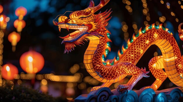 Величественный драконский фонарь светит среди празднования китайского Нового года.