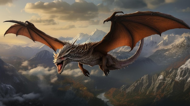 A majestic dragon soaring over an ancient mountain range