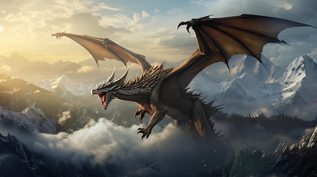 A majestic dragon soaring over an ancient mountain range