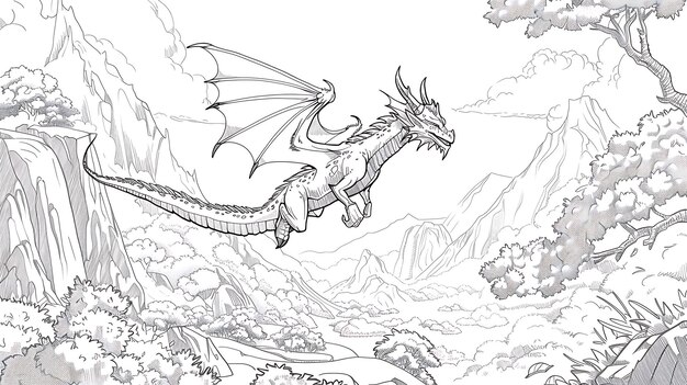 A majestic dragon soars through a mystical landscape The dragons wings are outstretched and its tail trails behind it