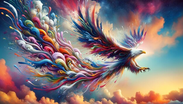 Majestic Eagle in Flight with Colorful Abstract Wings