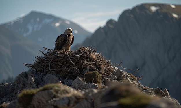 Photo a majestic eagle guarding its nest in the mountain creating using generative ai tools