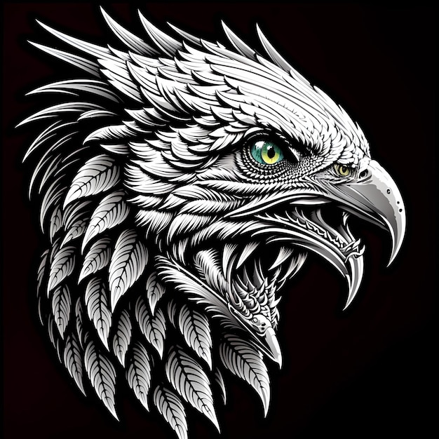 A majestic eagle head with a fierce expression rendered in a realistic style with intricate details