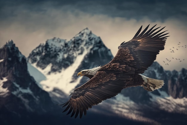 Majestic eagle soaring over majestic mountain range