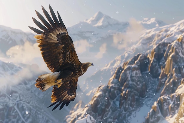 Majestic eagle soaring over a rugged mountain rang