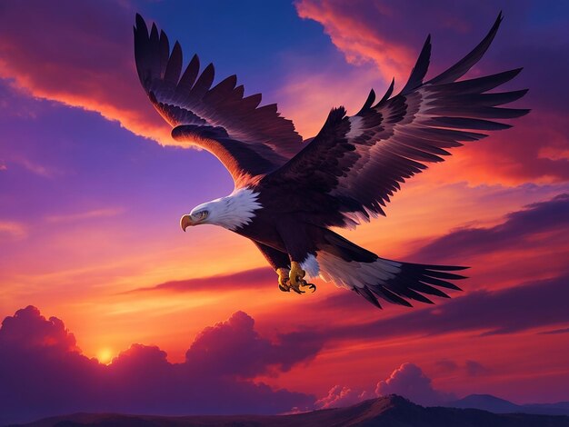 Photo a majestic eagle soaring through a vibrant sky its wingspan stretching across the horizon