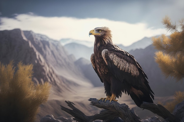 Majestic Eagle Symbol of Freedom and Strength in a Scenic Mountain Landscape with Clear Blue Sky