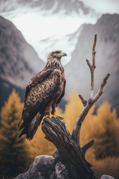 澄んだ青い空と風光明媚な山の風景の中の自由と強さの雄大な鷲のシンボル