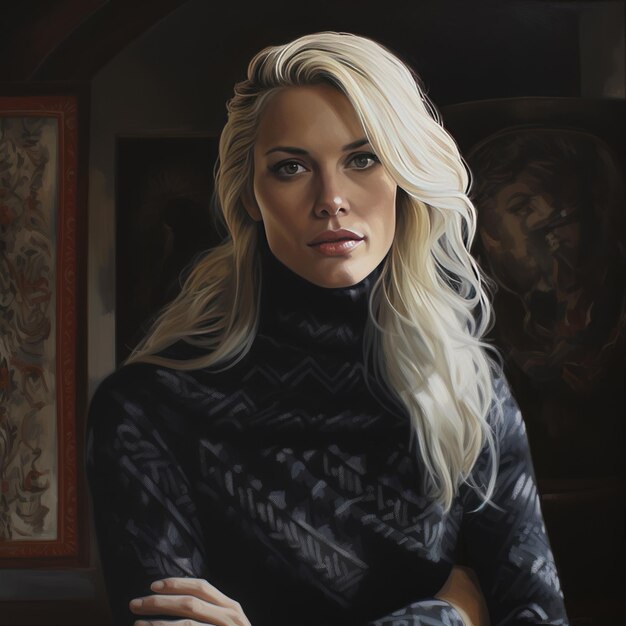 Majestic Elegance Een chiaroscuro olieportret van Buff Tricia Helfer die de esthetiek van oud geld samenvat