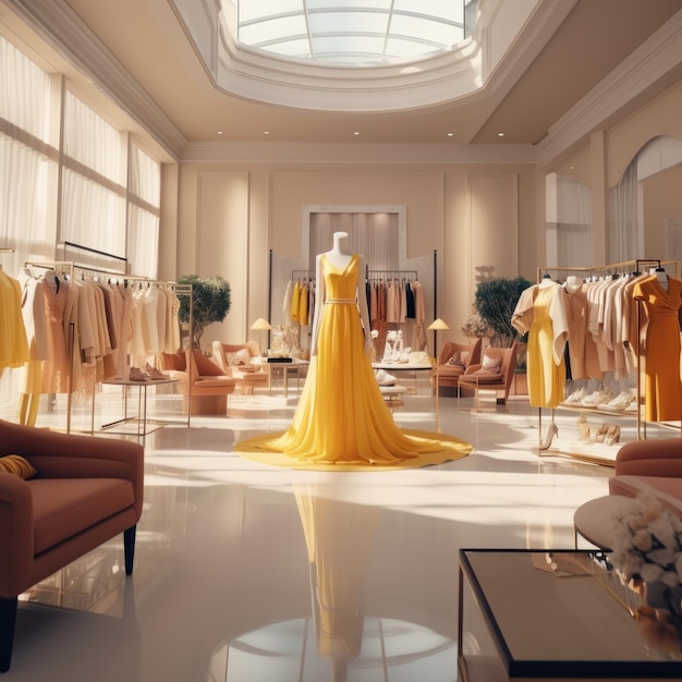 majestic elegant yellow dress in a store with good lighting in high resolution