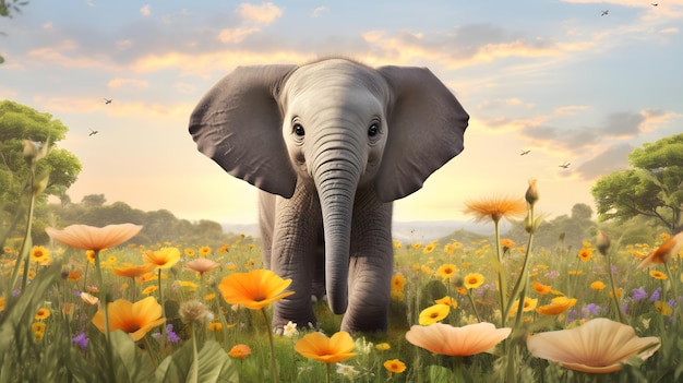 Величественный слон, стоящий среди яркого поля ярких цветов.