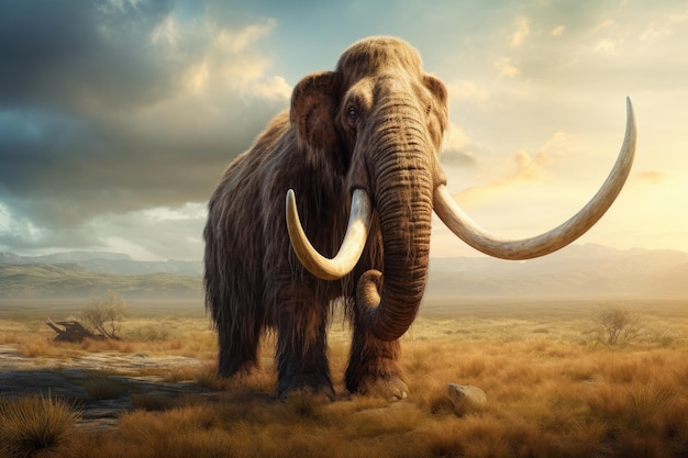 Un maestoso elefante in piedi su un campo di erba secca sotto un cielo azzurro e limpido mammut preistorico, un'antica creatura gigante generata dall'intelligenza artificiale