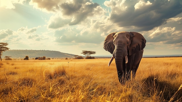 A majestic elephant stands in the golden savanna under a vast sky