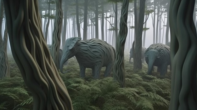 Majestic Elephants Roaming Through a Lush Green Forest Perfect for Nature Documentaries and Wildlife Enthusiasts