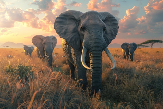 광활 한 사바나 를 돌아다니는 웅장 한 코끼리 들