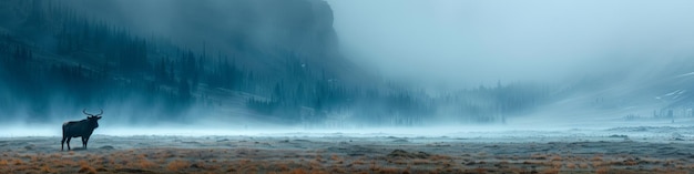 Величественный лось в туманной голубой горной местности на рассвете