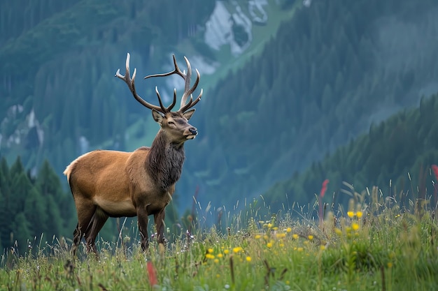 Majestic Elk Stands on Lush Green Field