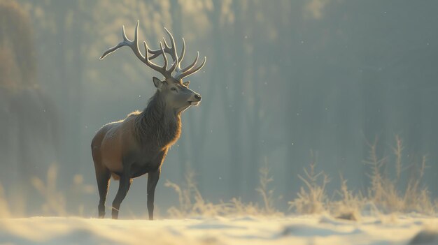 Photo a majestic elk stands in the snowcovered forest the suns rays filter through the trees creating a beautiful scene