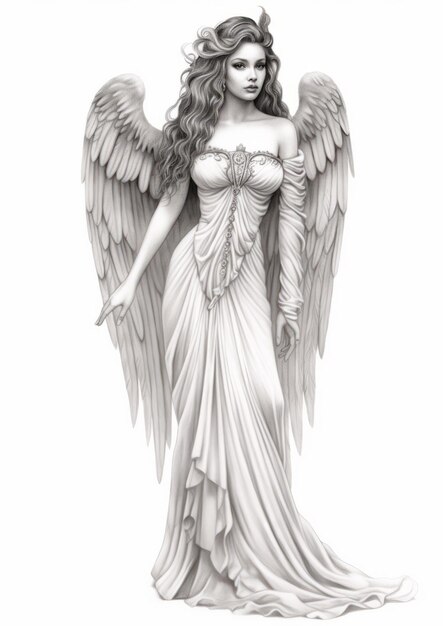 Majestic Elvin Female Hyperdetailed Pencil Sketch Statue With Wings