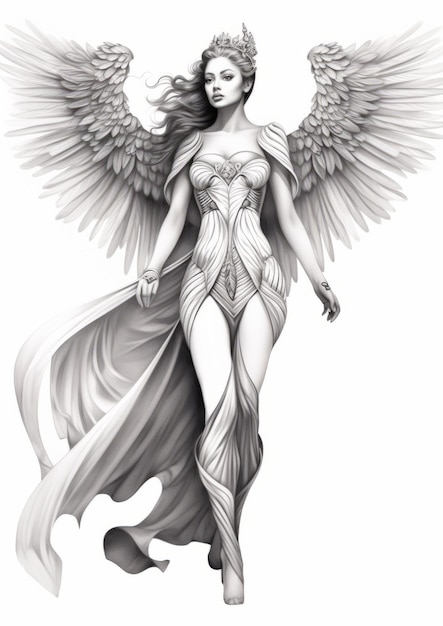 Majestic Elvin Female Pencil Sketch With Angelic Wings