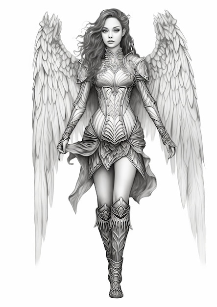 Photo majestic elvin female with wings detailed pencil sketch