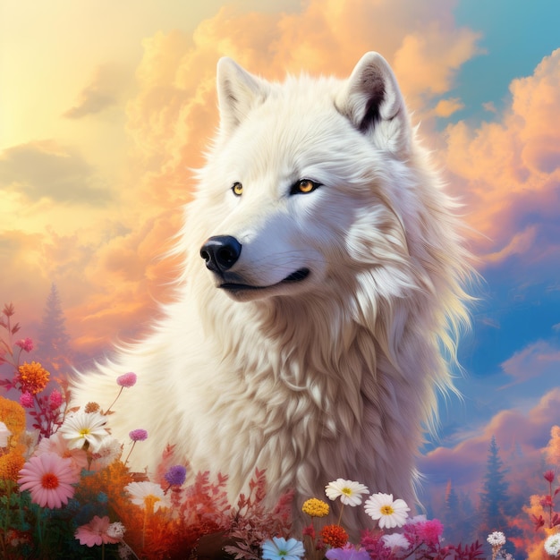 Majestic Encounter A Realistic White Wolf Embracing the Clouds amid a Vibrant Sky and Blossoming Fl
