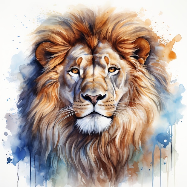 Majestic Encounter A Surreal Watercolor Masterpiece of a Regal Lion's Intense Gaze