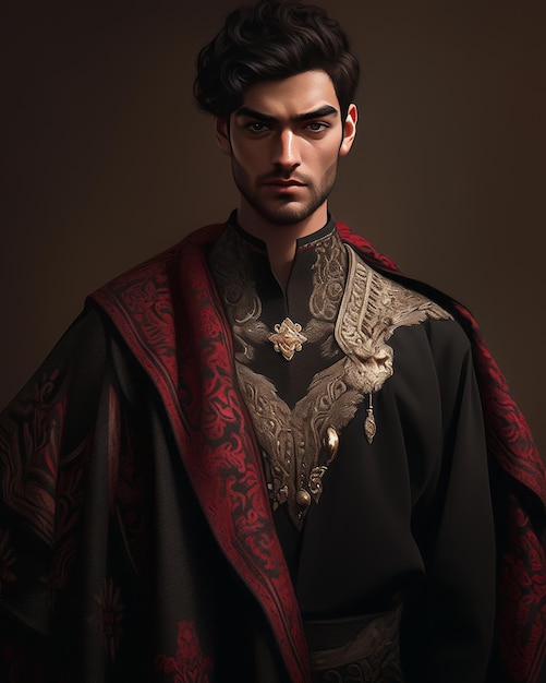 Photo the majestic enigma a 22yearold nobleman's allure in black and red fantasy robes