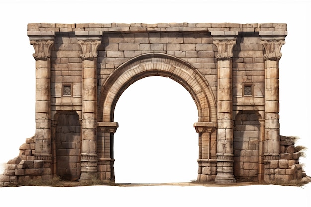 웅장 한 입구 는 고대 의 아치 와 그 주변 의 성벽 의 앞면 에 있는 클로즈업