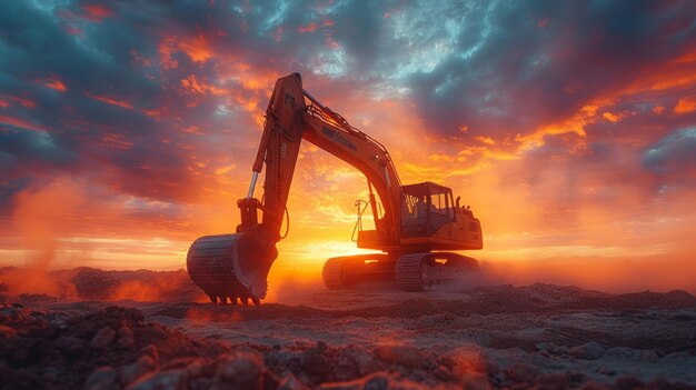 Majestic excavator amidst construction dust panoramic twilight enhances epic scene AI Generative