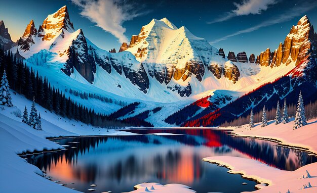 Majestic Fantasy Snow Covered Mountains Glowing Neon Color theme landscape background wall art AI Generated