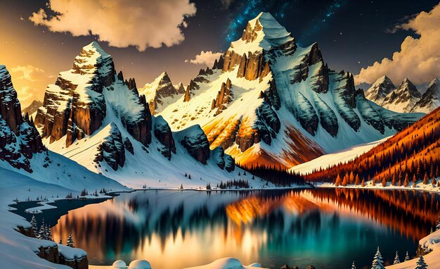 Foto majestic fantasy snow covered mountains incandescente neon colore tema paesaggio sfondo wall art ai generato