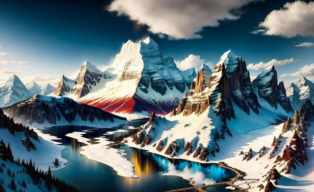 Foto majestic fantasy snow covered mountains incandescente neon colore tema paesaggio sfondo wall art ai generato