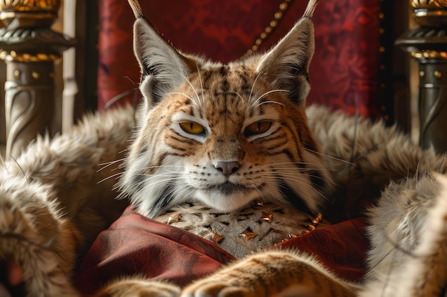 Photo majestic feline portrait in royal attire luxurious cat king with crown in throne room setting