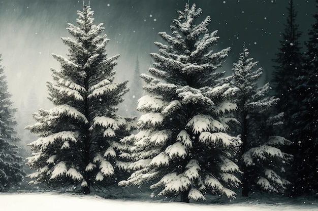 Величественные ели со свежим снегопадом на ветвях