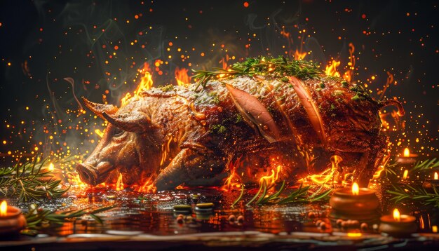 Photo majestic fire engulfed boar surrounded by candles in a mystical forest scene