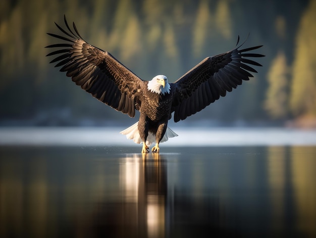 The Majestic Flight of the Bald Eagle over Lake