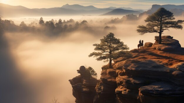 Photo majestic foggy landscape with silhouettes and giant tree