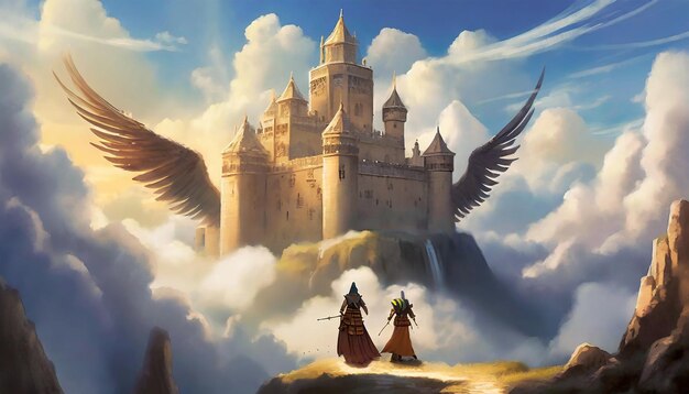 Photo majestic fortress in the clouds winged guards patrolling reminiscent of celestial anime