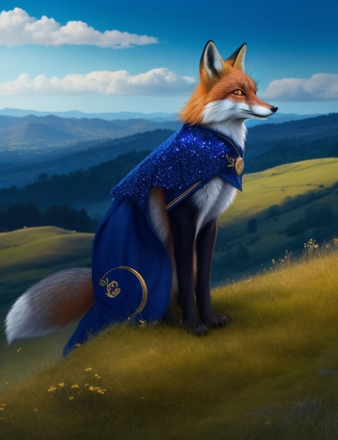 A majestic fox with a deep blue coat and shimmering gold trim standing atop a grassy hill