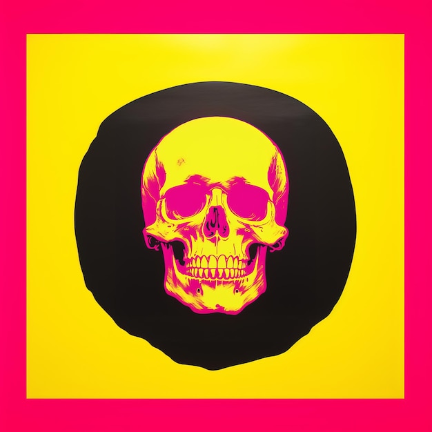 Majestic Fusion The Mesmerizing Magenta and Yellow Skull in Silk Screen Texture