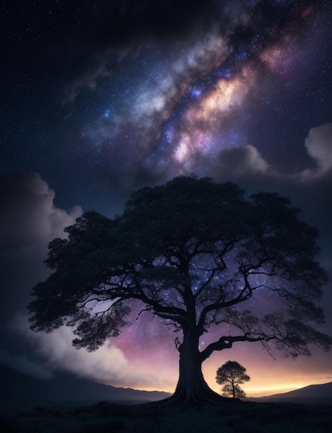 A majestic galaxy sky illuminated by a bright star with a towering big tree in the foreground