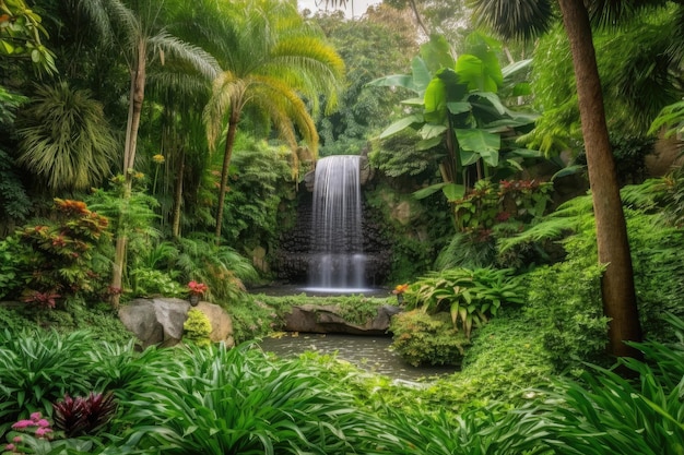 Majestic garden with majestic waterfall surrounded by lush greenery