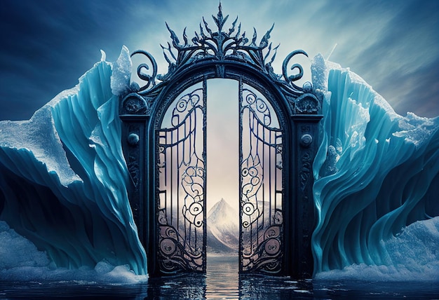 Majestic gate from ice floating in arctic see illustration AI generative